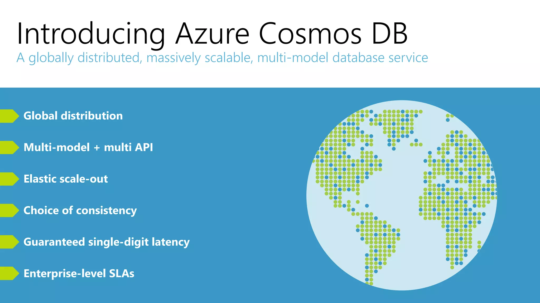 Introducing Azure Cosmos DB
A globally distributed, massively scalable, multi-model database service
Global distribution
Multi-model + multi API
Elastic scale-out
Choice of consistency
Guaranteed single-digit latency
Enterprise-level SLAs
 