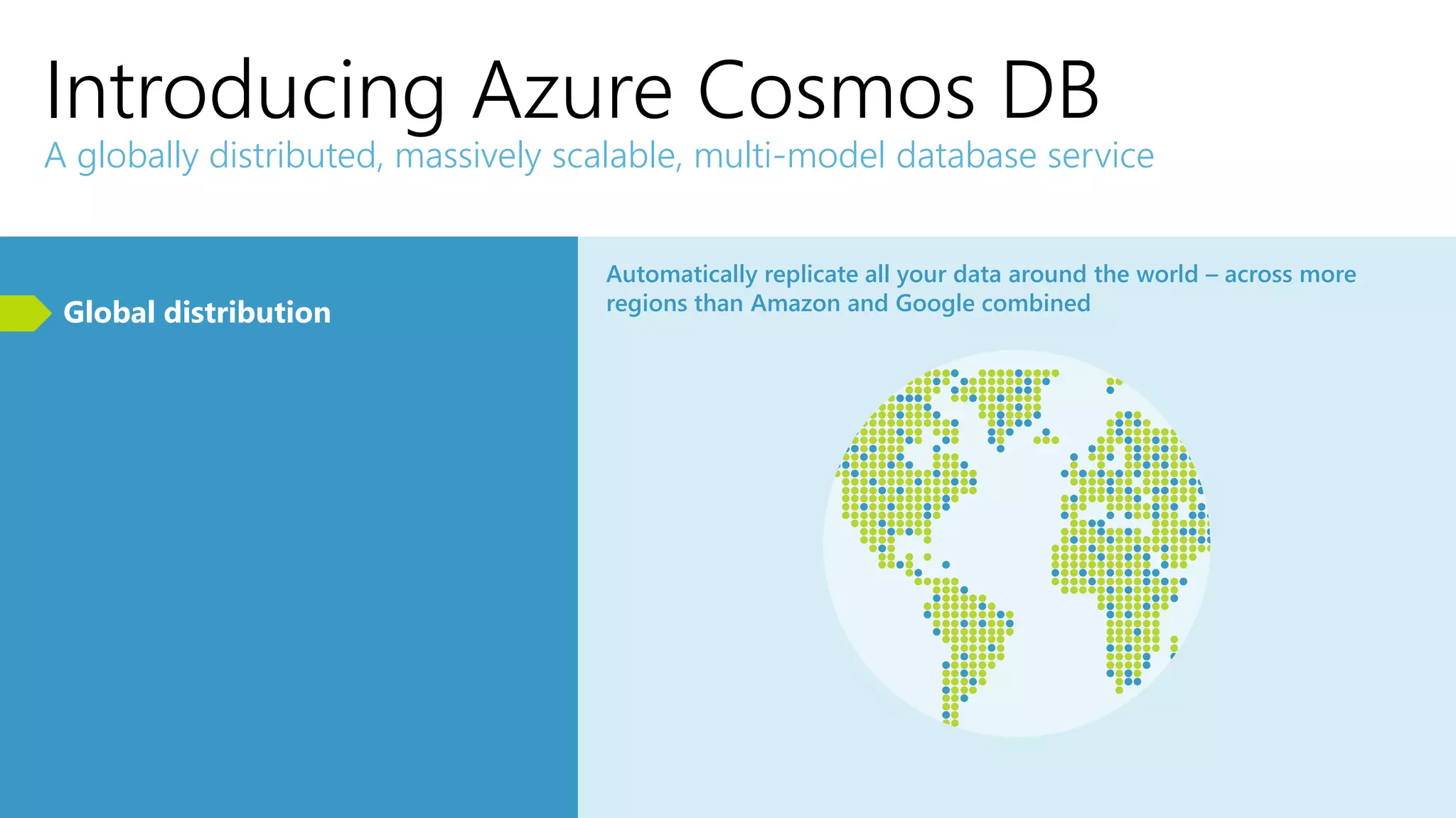 Introducing Azure Cosmos DB
A globally distributed, massively scalable, multi-model database service
Global distribution
Automatically replicate all your data around the world – across more
regions than Amazon and Google combined
 