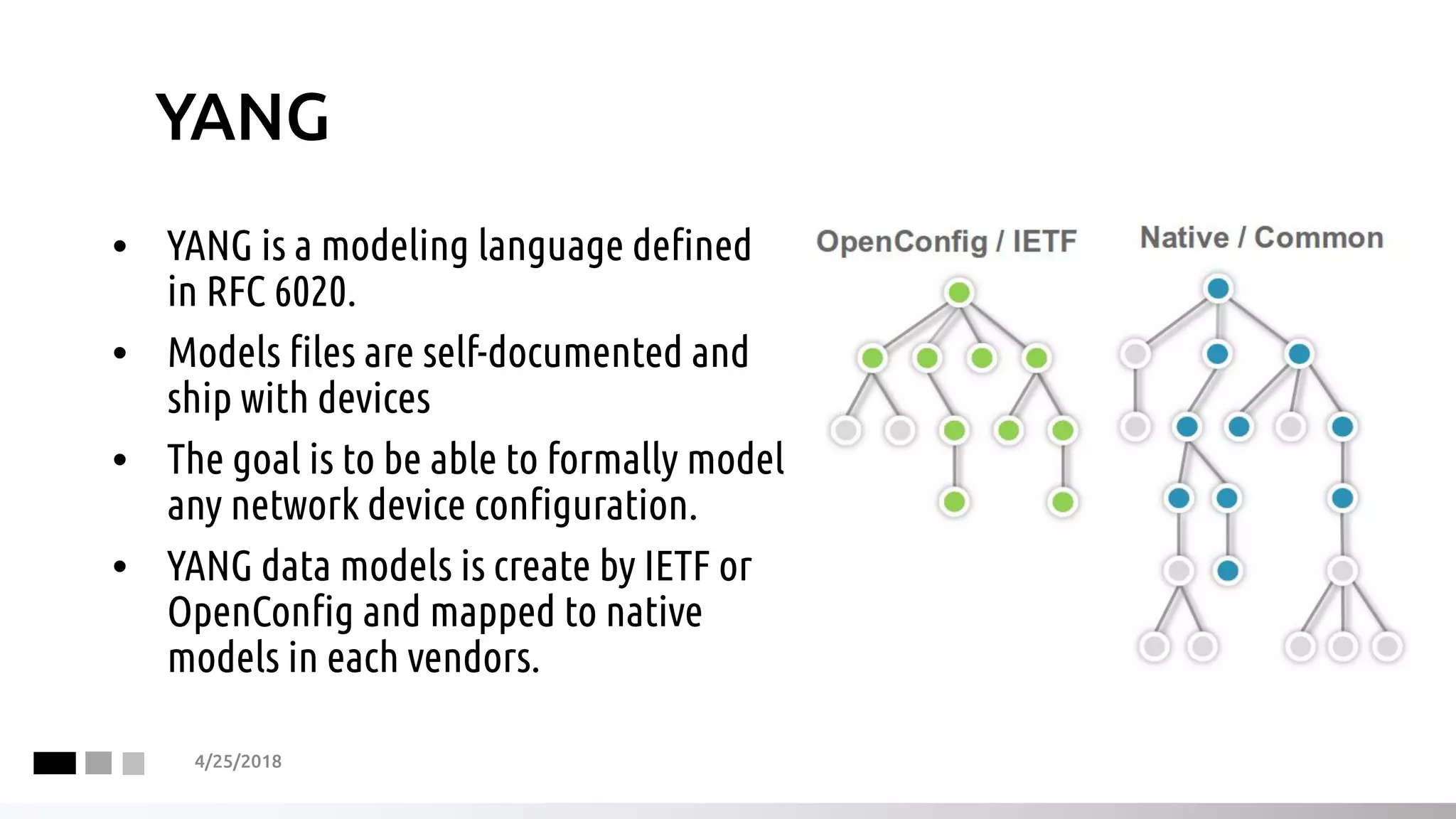 YANG
4/25/2018
• YANG is a modeling language defined
in RFC 6020.
• Models files are self-documented and
ship with devices
• The goal is to be able to formally model
any network device configuration.
• YANG data models is create by IETF or
OpenConfig and mapped to native
models in each vendors.
 