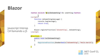 Blazor
Javascript Interop
C# llamando a JS
 