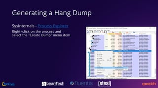 Generating a Hang Dump
SysInternals - Process Explorer
Right-click on the process and
select the "Create Dump" menu item
 