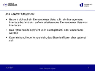 19.05.2016 15
Zentrum für
Informations- und
Medientechnologie
konrad.heimel@uni-siegen.de
Das Leafref Statement
● Bezieht sich auf ein Element einer Liste, z.B.: ein Management
Interface bezieht sich auf ein existierendes Element einer Liste von
Interfaces
● Das referenzierte Element kann nicht gelöscht oder umbenannt
werden
● Kann nicht null oder empty sein, das Elternleaf kann aber optional
sein
 