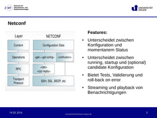19.05.2016 5
Zentrum für
Informations- und
Medientechnologie
konrad.heimel@uni-siegen.de
Netconf
Features:
● Unterscheidet zwischen
Konfiguration und
momentanem Status
● Unterscheidet zwischen
running, startup und (optional)
candidate Konfiguration
● Bietet Tests, Validierung und
roll-back on error
● Streaming und playback von
Benachrichtigungen
 