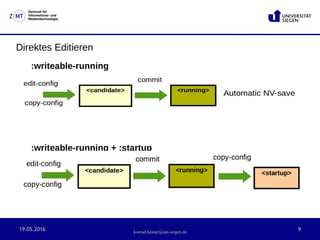 19.05.2016 9
Zentrum für
Informations- und
Medientechnologie
konrad.heimel@uni-siegen.de
Direktes Editieren
:writeable-running
:writeable-running + :startup
 