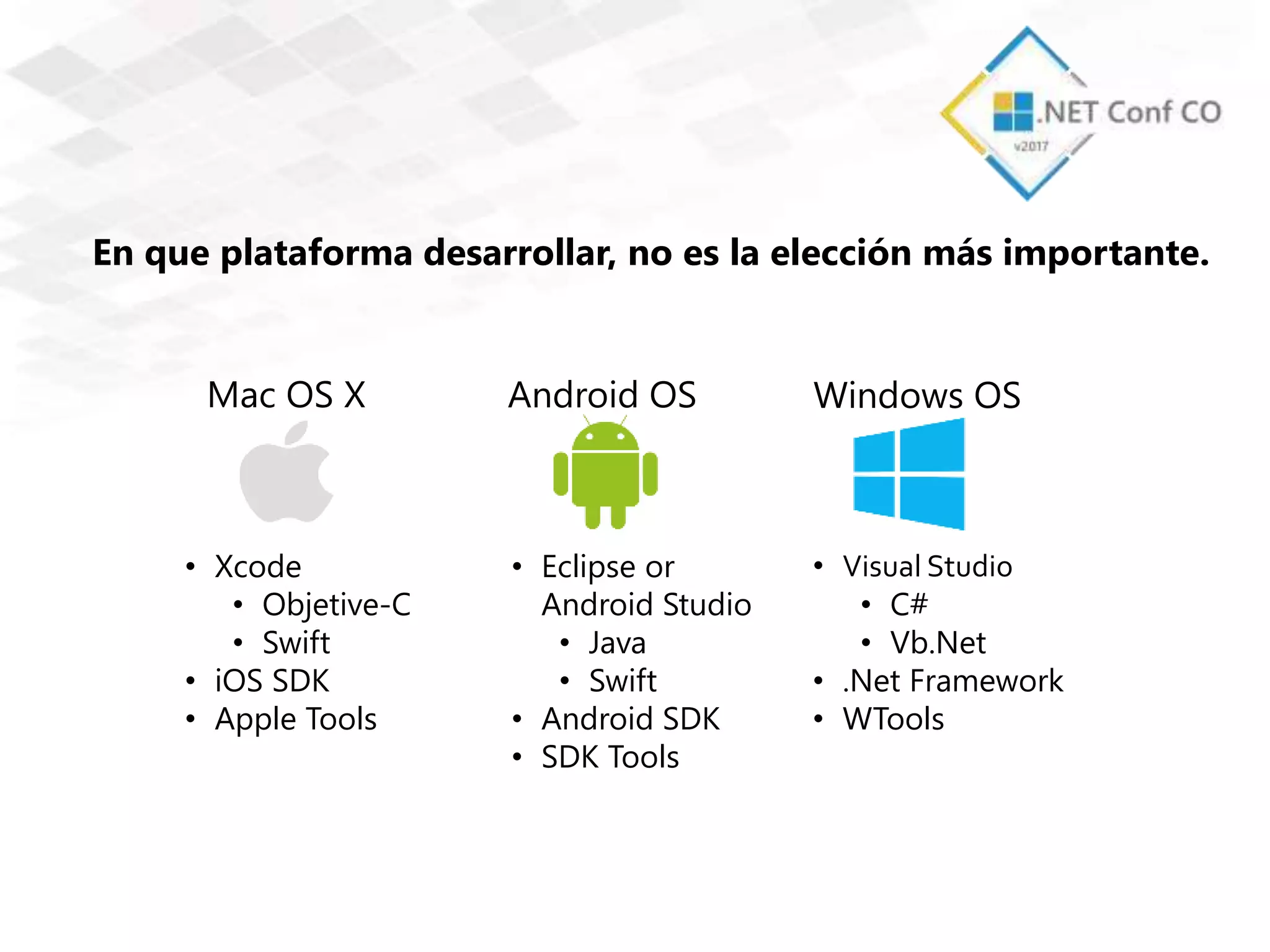 Mac OS X Android OS Windows OS
• Xcode
• Objetive-C
• Swift
• iOS SDK
• Apple Tools
En que plataforma desarrollar, no es la elección más importante.
• Eclipse or
Android Studio
• Java
• Swift
• Android SDK
• SDK Tools
• Visual Studio
• C#
• Vb.Net
• .Net Framework
• WTools
 