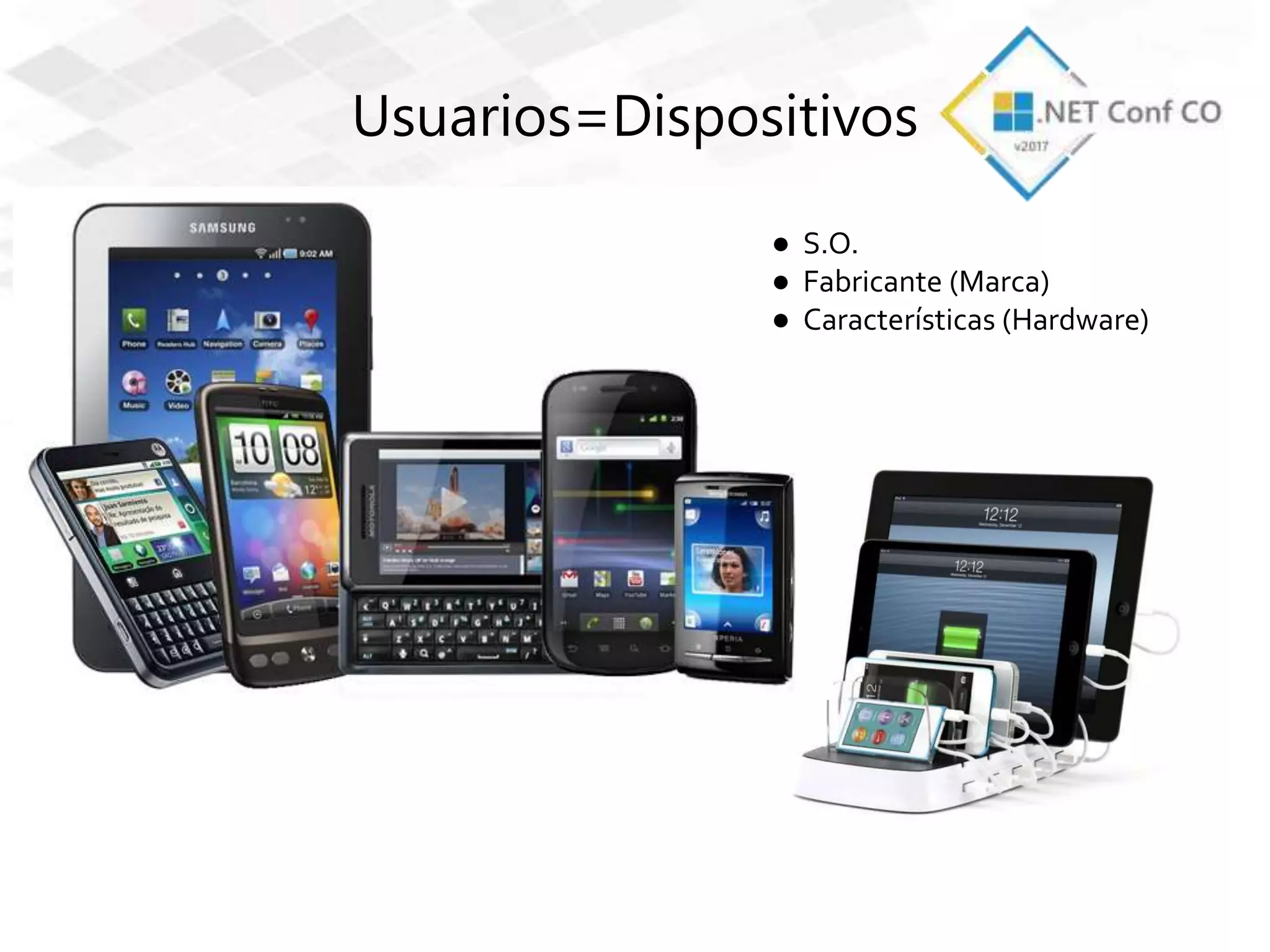 Usuarios=Dispositivos
● S.O.
● Fabricante (Marca)
● Características (Hardware)
 