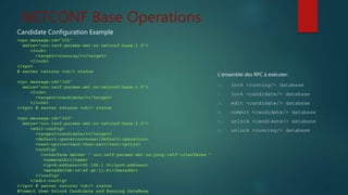Candidate Configuration Example
<rpc message-id="101"
xmlns="urn:ietf:params:xml:ns:netconf:base:1.0">
<lock>
<target><running/></target>
</lock>
</rpc>
# server returns <ok/> status
<rpc message-id="102"
xmlns="urn:ietf:params:xml:ns:netconf:base:1.0">
<lock>
<target><candidate/></target>
</lock>
</rpc> # server returns <ok/> status
<rpc message-id="103"
xmlns="urn:ietf:params:xml:ns:netconf:base:1.0">
<edit-config>
<target><candidate/></target>
<default-operation>none</default-operation>
<test-option>test-then-set</test-option>
<config>
<interface xmlns= " urn:ietf:params:xml:ns:yang:ietf-interfaces "
<name>eth1</name>
<ipv4-address>192.168.1.3</ipv4-address>
<macaddr>ab:cd:ef:gh:ij:kl</macaddr>
</config>
</edit-config>
</rpc> # server returns <ok/> status
#Commit then Unlock Candidate and Running DataBase
L’ensemble des RPC à exécuter:
1. lock <running/> database
2. lock <candidate/> database
3. edit <candidate/> database
4. commit <candidate/> database
5. unlock <candidate/> database
6. unlock <running/> database
NETCONF Base Operations
 