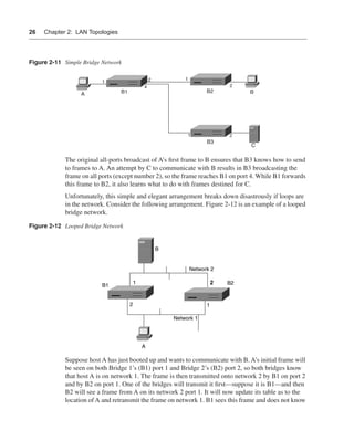 0390.book Page 26 Wednesday, November 14, 2001 3:28 PM




      26     Chapter 2: LAN Topologies




      Figure 2-11 Simple Bridge Network

                                                                2           1
                                       1
                                                            4                                 2
                                               B1                                     B2           B
                             A




                                                                                1             2
                                                                                      B3
                                                                                                   C

                      The original all-ports broadcast of A’s ﬁrst frame to B ensures that B3 knows how to send
                      to frames to A. An attempt by C to communicate with B results in B3 broadcasting the
                      frame on all ports (except number 2), so the frame reaches B1 on port 4. While B1 forwards
                      this frame to B2, it also learns what to do with frames destined for C.
                      Unfortunately, this simple and elegant arrangement breaks down disastrously if loops are
                      in the network. Consider the following arrangement. Figure 2-12 is an example of a looped
                      bridge network.

      Figure 2-12 Looped Bridge Network


                                                                    B


                                                                                Network 2

                                                        1                                 2   B2
                                       B1


                                                    2                                 1

                                                                        Network 1




                                                            A

                      Suppose host A has just booted up and wants to communicate with B. A’s initial frame will
                      be seen on both Bridge 1’s (B1) port 1 and Bridge 2’s (B2) port 2, so both bridges know
                      that host A is on network 1. The frame is then transmitted onto network 2 by B1 on port 2
                      and by B2 on port 1. One of the bridges will transmit it ﬁrst—suppose it is B1—and then
                      B2 will see a frame from A on its network 2 port 1. It will now update its table as to the
                      location of A and retransmit the frame on network 1. B1 sees this frame and does not know
 