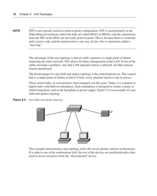 0390.book Page 18 Wednesday, November 14, 2001 3:28 PM




      18     Chapter 2: LAN Topologies




      NOTE            STP is not typically used in a point-to-point conﬁguration. STP is used primarily in the
                      Token Ring environment, where the hubs are called MAUs or MSAUs and the connections
                      from the NIC to the MAU are not really point-to-point. This is because there is a transmit
                      and a receive side, and the transmission is one way. In fact, this is sometimes called a
                      “star-ring.”



                      The advantage of the star topology is that no cable segment is a single point of failure
                      impacting the entire network. This allows for better management of the LAN. If one of the
                      cables develops a problem, only that LAN-attached station is affected; all other stations
                      remain operational.
                      The disadvantage of a star (hub-and-spoke) topology is the central hub device. This central
                      hub is a single point-of-failure in that if it fails, every attached station is out of service.
                      These central hubs, or concentrators, have changed over the years. Today, it is common to
                      deploy hubs with built-in redundancy. Such redundancy is designed to isolate a faulty or
                      failed component, such as the backplane or power supply. Figure 2-4 is an example of a star
                      (hub-and-spoke) topology.

      Figure 2-4      Star (Hub-and-Spoke) Topology




                      This example demonstrates a star topology with a ﬁle server, printer, and two workstations.
                      If a cable to one of the workstations fails, the rest of the devices are unaffected unless they
                      need to access resources from the “disconnected” device.
 