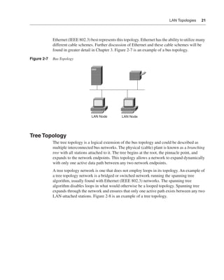 0390.book Page 21 Wednesday, November 14, 2001 3:28 PM




                                                                                                     LAN Topologies     21




                              Ethernet (IEEE 802.3) best represents this topology. Ethernet has the ability to utilize many
                              different cable schemes. Further discussion of Ethernet and these cable schemes will be
                              found in greater detail in Chapter 3. Figure 2-7 is an example of a bus topology.

              Figure 2-7      Bus Topology




                                                         LAN Node       LAN Node




              Tree Topology
                              The tree topology is a logical extension of the bus topology and could be described as
                              multiple interconnected bus networks. The physical (cable) plant is known as a branching
                              tree with all stations attached to it. The tree begins at the root, the pinnacle point, and
                              expands to the network endpoints. This topology allows a network to expand dynamically
                              with only one active data path between any two network endpoints.
                              A tree topology network is one that does not employ loops in its topology. An example of
                              a tree topology network is a bridged or switched network running the spanning tree
                              algorithm, usually found with Ethernet (IEEE 802.3) networks. The spanning tree
                              algorithm disables loops in what would otherwise be a looped topology. Spanning tree
                              expands through the network and ensures that only one active path exists between any two
                              LAN-attached stations. Figure 2-8 is an example of a tree topology.
 