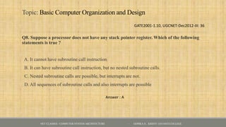 Topic: Basic Computer Organization and Design
Q8. Suppose a processor does not have any stack pointer register. Which of the following
statements is true ?
A. It cannot have subroutine call instruction
B. It can have subroutine call instruction, but no nested subroutine calls.
C. Nested subroutine calls are possible, but interrupts are not.
D. All sequences of subroutine calls and also interrupts are possible
NET CLASSES - COMPUTER SYSTEM ARCHITECTURE - GOPIKA S , KRISTU JAYANTI COLLEGE
GATE2001-1.10, UGCNET-Dec2012-III: 36
Answer : A
 