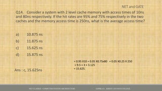 NET and GATE
Q14. Consider a system with 2 level cache memory with access times of 10ns
and 80ns respectively. If the hit rates are 95% and 75% respectively in the two
caches and the memory access time is 250ns, what is the average access time?
a) 10.875 ns
b) 11.875 ns
c) 15.625 ns
d) 15.875 ns
Ans : c, 15.625ns
= 0.95 X10 + 0.05 X0.75x80 + 0.05 X0.25 X 250
= 9.5 + 3 + 3.125
= 15.625.
NET CLASSES - COMPUTER SYSTEM ARCHITECTURE - GOPIKA S , KRISTU JAYANTI COLLEGE
 