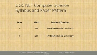 UGC NET Computer Science
Syllabus and Paper Pattern
Paper Marks Number of Questions
I 100 50 Questions all are Compulsory
II 200 100 Question all are Compulsory
NET CLASSES - COMPUTER SYSTEM ARCHITECTURE - GOPIKA S , KRISTU JAYANTI
COLLEGE
 