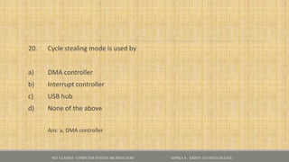 20. Cycle stealing mode is used by
a) DMA controller
b) Interrupt controller
c) USB hub
d) None of the above
Ans: a, DMA controller
NET CLASSES - COMPUTER SYSTEM ARCHITECTURE - GOPIKA S , KRISTU JAYANTI COLLEGE
 