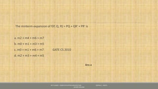 The minterm expansion of f(P, Q, R) = PQ + QR' + PR' is
a. m2 + m4 + m6 + m7
b. m0 + m1 + m3 + m5
c. m0 + m1 + m6 + m7 GATE CS 2010
d. m2 + m3 + m4 + m5
NET CLASSES - COMPUTER SYSTEM ARCHITECTURE - GOPIKA S , KRISTU
JAYANTI COLLEGE
Ans a
 