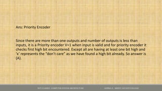 Ans: Priority Encoder
Since there are more than one outputs and number of outputs is less than
inputs, it is a Priority encoder V=1 when input is valid and for priority encoder it
checks first high bit encountered. Except all are having at least one bit high and
‘x’ represents the “don’t care” as we have found a high bit already. So answer is
(A).
NET CLASSES - COMPUTER SYSTEM ARCHITECTURE - GOPIKA S , KRISTU JAYANTI COLLEGE
 