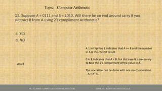 Topic: ComputerArithmetic
Q5. Suppose A = 0111 and B = 1010. Will there be an end around carry if you
subtract B from A using 2’s compliment Arithmetic?
a. YES
b. NO
NET CLASSES - COMPUTER SYSTEM ARCHITECTURE - GOPIKA S , KRISTU JAYANTI COLLEGE
A 1 in Flip flop E indicates that A >= B and the number
in A is the correct result.
0 in E indicates that A < B. For this case it is necessary
to take the 2's complement of the value in A.
The operation can be done with one micro-operation
A = A' +1
Ans B
 