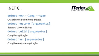 .NET Cli
dotnet new –-lang –-type
Cria arquivos de um novo projeto
dotnet restore [argumentos]
Restaura pacotes NuGet
dotnet build [argumentos]
Compila a aplicação
dotnet run [argumentos]
Compila e executa a aplicação
 