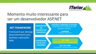 Momento muito interessante para
ser um desenvolvedor ASP.NET
.NET FRAMEWORK
Framework que abrange
desenvolvimento para
Desktop e aplicações
Web.
EXPERIÊNCIAS
EM
DISPOSITIVOS
MODERNOS
EXPERIÊNCIAS
EM NUVENS
MODERNAS
UNIVERSAL WINDOWS PLATFORM
XAMARIN
ASP .NET CORE
Desenvolvimento unificado em todo
dispositivo Windows
Qualquer dispositivo
.NET CORE
Multi-plataforma, alto desempenho
Framework otimizado para a nuvem
 