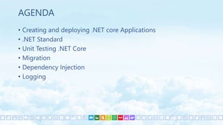• Creating and deploying .NET core Applications
• .NET Standard
• Unit Testing .NET Core
• Migration
• Dependency Injection
• Logging
AGENDA
 