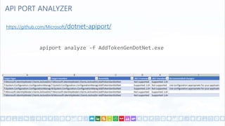 API PORT ANALYZER
https://github.com/Microsoft/dotnet-apiport/
apiport analyze -f AddTokenGenDotNet.exe
 