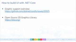 How to build UI with .NET Core
 Graphic support overview
https://github.com/dotnet/corefx/issues/20325
 Open Source 2D Graphics Library
https://skia.org/
 
