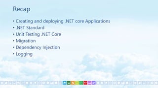 • Creating and deploying .NET core Applications
• .NET Standard
• Unit Testing .NET Core
• Migration
• Dependency Injection
• Logging
Recap
 