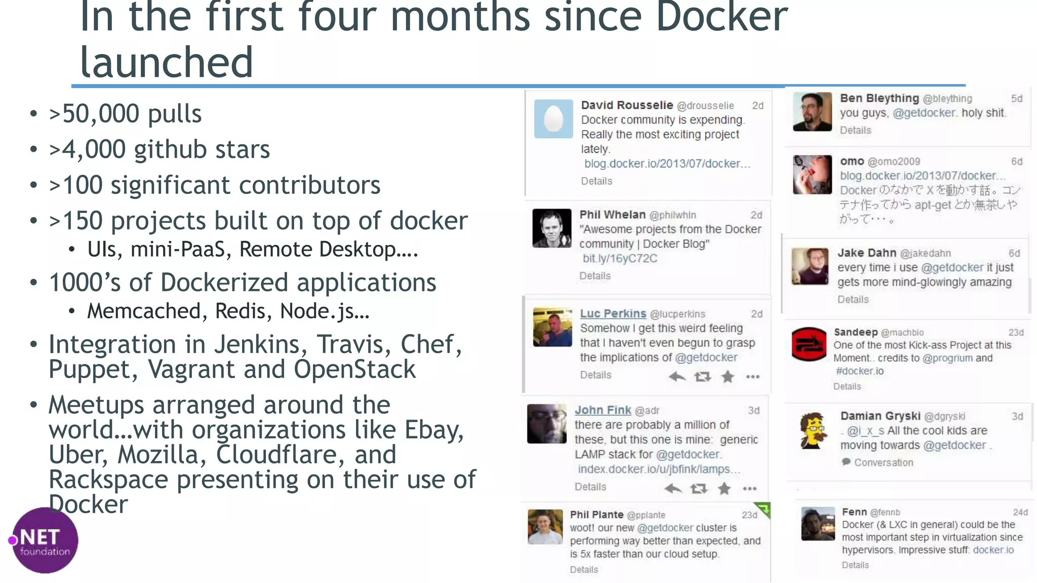 In the first four months since Docker
launched
• >50,000 pulls
• >4,000 github stars
• >100 significant contributors
• >150 projects built on top of docker
• UIs, mini-PaaS, Remote Desktop….
• 1000’s of Dockerized applications
• Memcached, Redis, Node.js…
• Integration in Jenkins, Travis, Chef,
Puppet, Vagrant and OpenStack
• Meetups arranged around the
world…with organizations like Ebay,
Uber, Mozilla, Cloudflare, and
Rackspace presenting on their use of
Docker
 