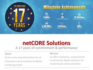 Netcore Solutions
18 years of commitment & performance
Vision
To be the one-stop destination for all
enterprise communications & digital
marketing needs
Mission
To offer innovative, customized & result-
driven digital solutions for marketing &
communications
 
