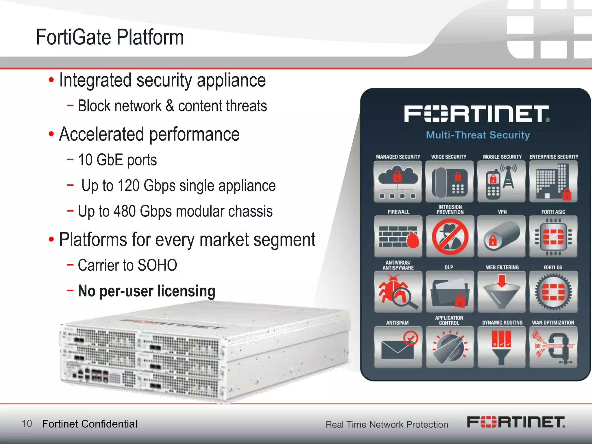 FortiGate Platform
     • Integrated security appliance
         − Block network & content threats
     • Accelerated performance
         − 10 GbE ports
         − Up to 120 Gbps single appliance
         − Up to 480 Gbps modular chassis
     • Platforms for every market segment
         − Carrier to SOHO
         − No per-user licensing




10 Fortinet Confidential
 