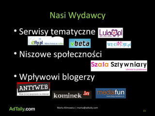 Nasi Wydawcy Marta Klimowicz | marta@adtaily.com Serwisy tematyczne Niszowe społeczności Wpływowi blogerzy  