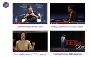 World Economic Forum 2012

“Opening Democracy” TEDx (spanish)

Plenary Session World Justice Forum

“Hacking Politics” TEDx (spanish)

 