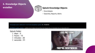 6. Knowledge Objects
erstellen Splunk Knowledge Objects
• Sourcetypes
• Searches, Reports, Alerts
# Example event: 2025-02-01 13:37.333 samplehost uptime: 5 d 10:30:51
EXTRACT-uptime_details = uptime:s+((?<days>d+)s+d?s+?)(?<hours>d+):(?<minutes>d+):(?<seconds>d+)
Splunk Felder:
days :: 5
hours :: 10
minutes :: 30
seconds :: 51
 
