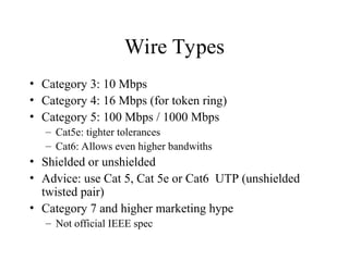 Wire Types
• Category 3: 10 Mbps
• Category 4: 16 Mbps (for token ring)
• Category 5: 100 Mbps / 1000 Mbps
– Cat5e: tighter tolerances
– Cat6: Allows even higher bandwiths
• Shielded or unshielded
• Advice: use Cat 5, Cat 5e or Cat6 UTP (unshielded
twisted pair)
• Category 7 and higher marketing hype
– Not official IEEE spec
 