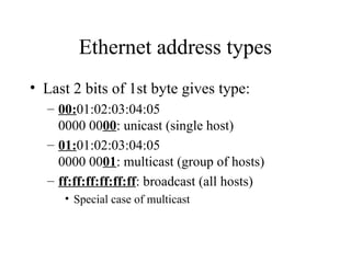Ethernet address types
• Last 2 bits of 1st byte gives type:
– 00:01:02:03:04:05
0000 0000: unicast (single host)
– 01:01:02:03:04:05
0000 0001: multicast (group of hosts)
– ff:ff:ff:ff:ff:ff: broadcast (all hosts)
• Special case of multicast
 