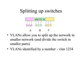 Splitting up switches
SWITCH
A B C
• VLANs allow you to split up the network in
smaller network (and divide the switch in
smaller parts)
• VLANs identified by a number - vlan 1234
 