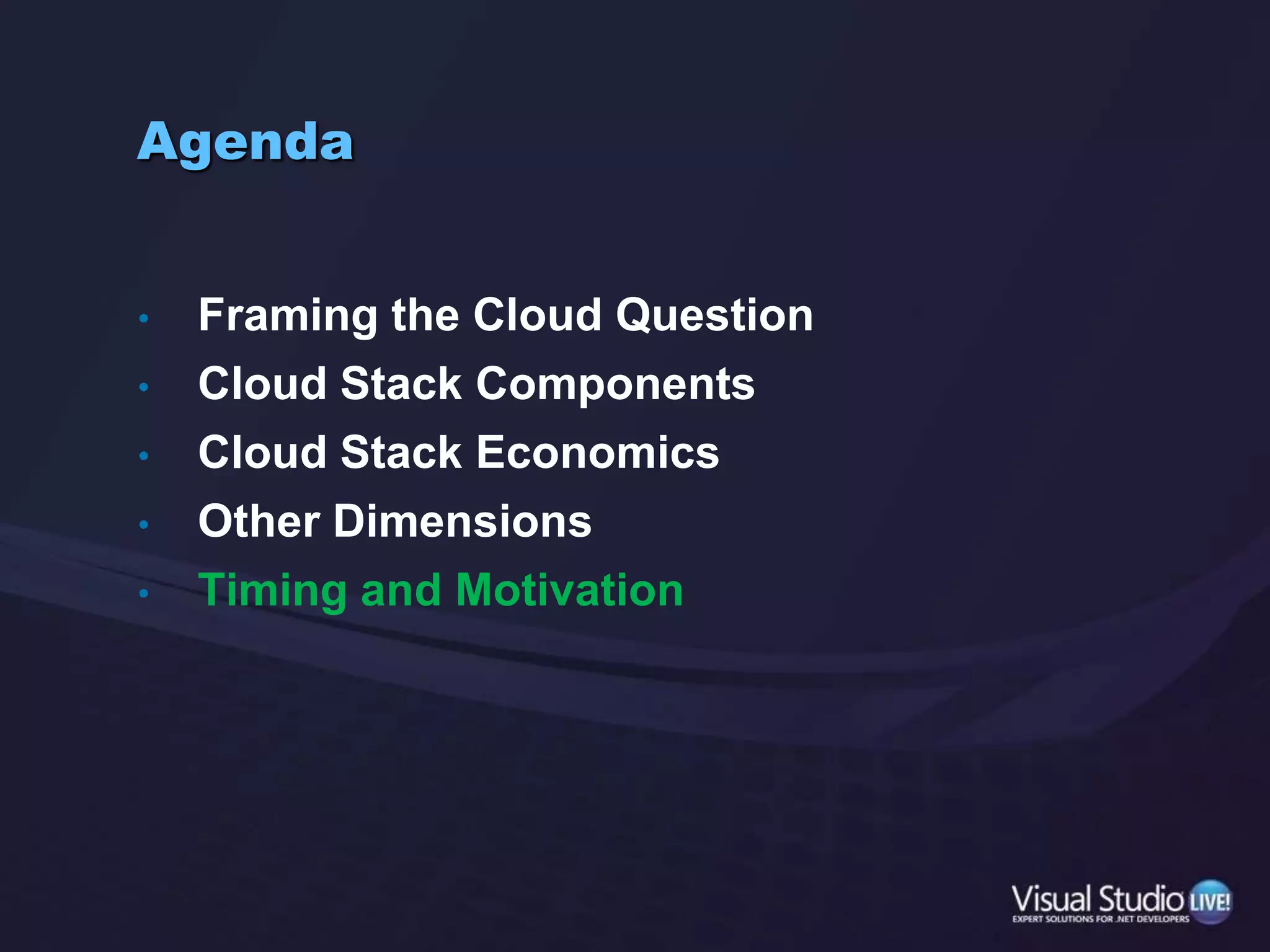 What’s Missing From the Cloud?Microsoft0365/Azure integrationAzure ApplianceAzure VM Role guidanceGeneralBusiness IntelligenceSANsAppropriate licensing from ISVs