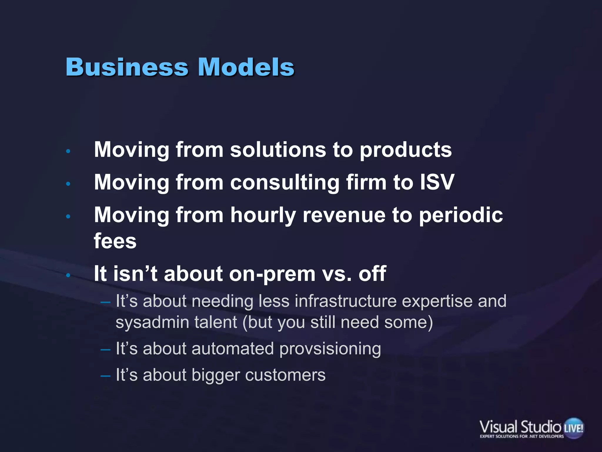 When?If your clients are ready, go!If not, get ready anywaySell the hybridsAs with any new technology, sometimes you need to make it your own decisionHow you will transform:You get Microsoft’s SLAYou now provide turnkey hardware + infrastructure