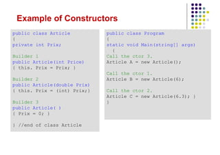 Example of Constructors
public class Article
{
private int Prix;
Builder 1
public Article(int Price)
{ this. Prix = Prix; }
Builder 2
public Article(double Prix)
{ this. Prix = (int) Prix;}
Builder 3
public Article( )
{ Prix = 0; }
} //end of class Article
public class Program
{
static void Main(string[] args)
{
Call the ctor 3.
Article A = new Article();
Call the ctor 1.
Article B = new Article(6);
Call the ctor 2.
Article C = new Article(6.3); }
}
 