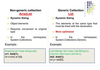 Non-generic collection
ArrayList
 Dynamic Sizing
 Object elements
 Requires conversion to original
type
 In the namespace:
System.Collections;
Example:
ArrayList ar1=new ArrayList();
or1. Add(1);
int x=(int) ar1[0];
Generic Collection
List
 Dynamic Sizing
 The elements of the same type that
must be fixed with the declaration
 More optimized
 In the namespace:
System.Collections.Generic;
Example:
List<String> lst1=new List<String>();
List<int> lst2=new List<int>();
lst2. Add(1);
int y= lst2[0];
 