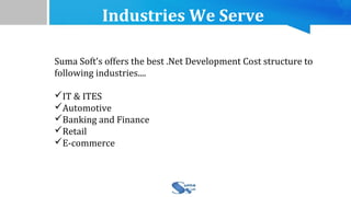 Industries We Serve
Suma Soft’s offers the best .Net Development Cost structure to
following industries....
IT & ITES
Automotive
Banking and Finance
Retail
E-commerce
 