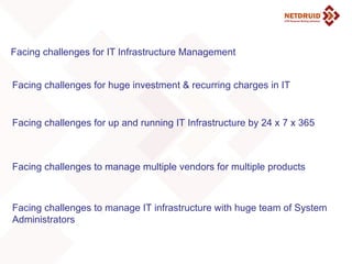 Facing challenges for IT Infrastructure Management Facing challenges for huge investment & recurring charges in IT Facing challenges for up and running IT Infrastructure by 24 x 7 x 365 Facing challenges to manage multiple vendors for multiple products Facing challenges to manage IT infrastructure with huge team of System Administrators 