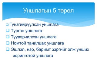  Гүнзгийрүүлсэн уншлага
 Түргэн уншлага
 Түүвэрчилсэн уншлага
 Номтой танилцах уншлага
 Эшлэл, нэр, баримт зэргийг олж унших
зорилготой уншлага
Уншлагын 5 төрөл
 