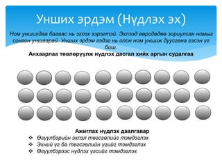 Ном уншихдаа багаас нь эхлэх хэрэгтэй. Эхлээд өөрсдөдөө зориулсан номыг
сонгон уншаарай. Унших эрдэм гэдэг нь олон ном уншиж дуусгана гэсэн үг
биш.
Анхаарлаа төвлөрүүлж нүдлэх дасгал хийх аргын судалгаа
Унших эрдэм (Нүдлэх эх)
Ажиглах нүдлэх даалгавар
 Өгүүлбэрийн эхлэл төгсгөлийг тэмдэглэх
 Эхний үг ба төгсгөлийн үгийг тэмдэглэх
 Өгүүлбэрээс нүдлэх үгсийг тэмдэглэх
 