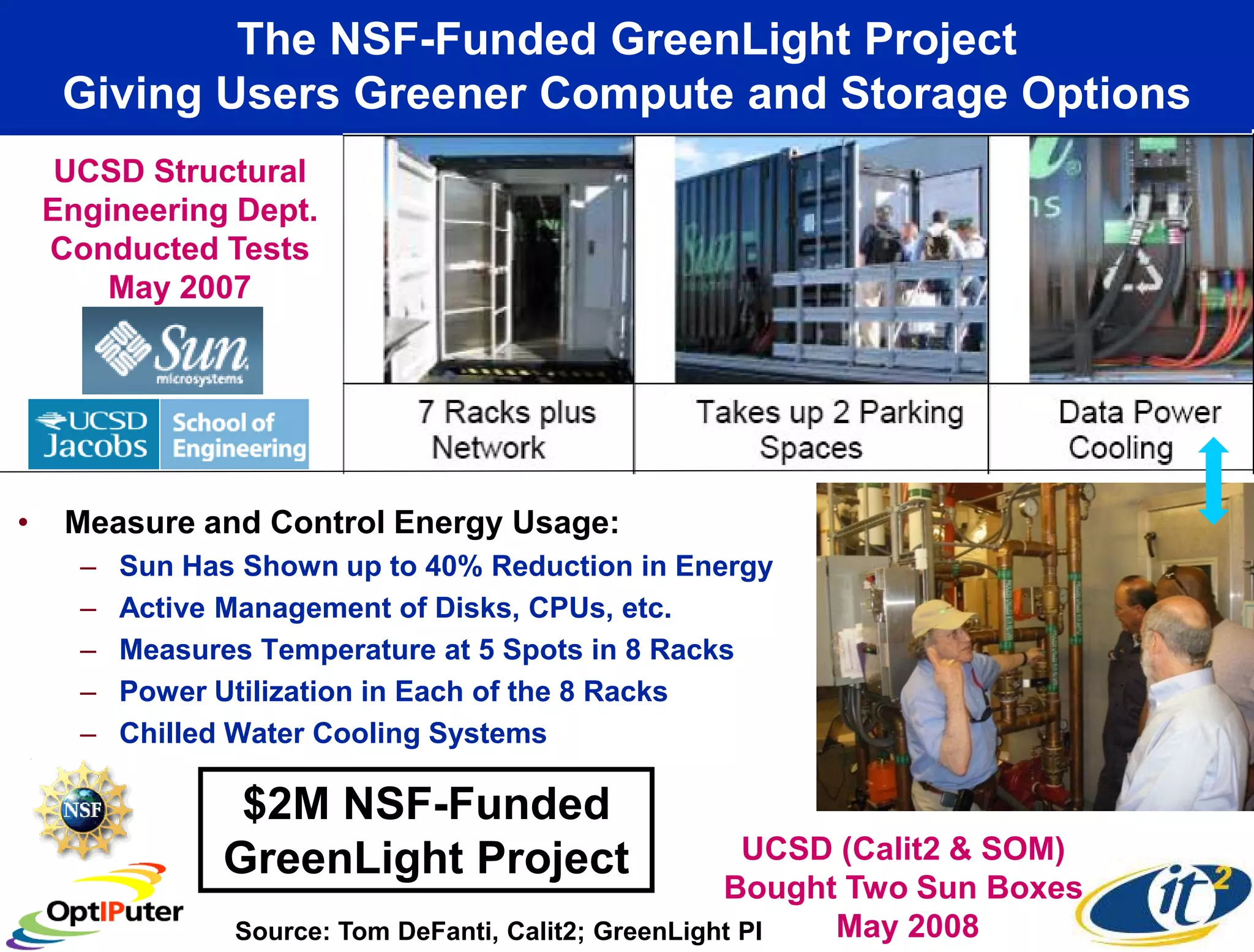 The NSF-Funded GreenLight Project
     Giving Users Greener Compute and Storage Options
     UCSD Structural
    Engineering Dept.
    Conducted Tests
        May 2007




•    Measure and Control Energy Usage:
      –   Sun Has Shown up to 40% Reduction in Energy
      –   Active Management of Disks, CPUs, etc.
      –   Measures Temperature at 5 Spots in 8 Racks
      –   Power Utilization in Each of the 8 Racks
      –   Chilled Water Cooling Systems

                 $2M NSF-Funded
                GreenLight Project                       UCSD (Calit2 & SOM)
                                                       Bought Two Sun Boxes
                 Source: Tom DeFanti, Calit2; GreenLight PI  May 2008
 