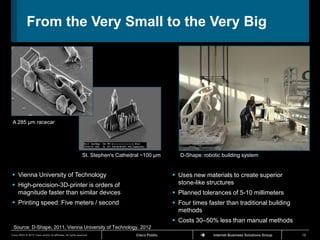 From the Very Small to the Very Big




 A 285 µm racecar




                                                              St. Stephen's Cathedral ~100 µm        D-Shape: robotic building system


 Vienna University of Technology                                                                  Uses new materials to create superior
 High-precision-3D-printer is orders of                                                            stone-like structures
  magnitude faster than similar devices                                                            Planned tolerances of 5-10 millimeters
 Printing speed: Five meters / second                                                             Four times faster than traditional building
                                                                                                    methods
                                                                                                   Costs 30–50% less than manual methods
 Source: D-Shape, 2011, Vienna University of Technology, 2012
Cisco IBSG © 2012 Cisco and/or its affiliates. All rights reserved.                Cisco Public                   Internet Business Solutions Group   18
 