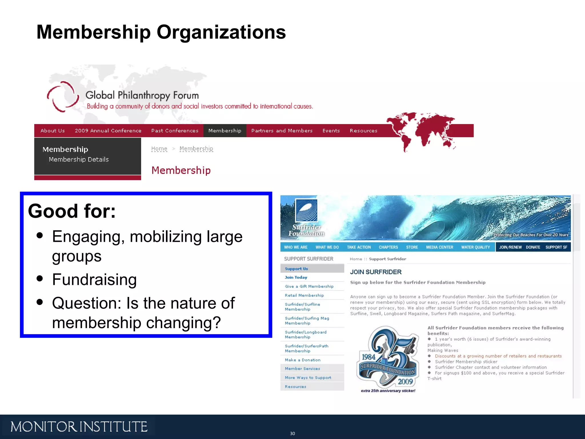 Good for: Engaging, mobilizing large groups Fundraising Question: Is the nature of membership changing? Membership Organizations 
