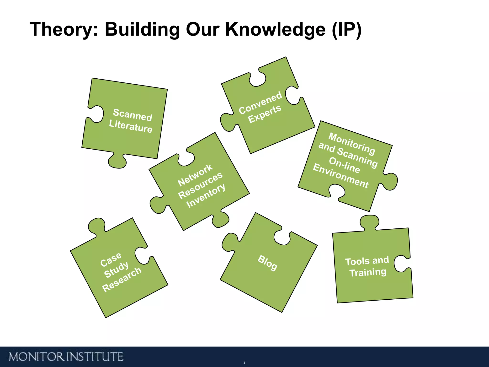 Theory: Building Our Knowledge (IP)Convened ExpertsScanned LiteratureMonitoring and Scanning On-line EnvironmentNetwork Resources InventoryCase Study ResearchTools and TrainingBlog