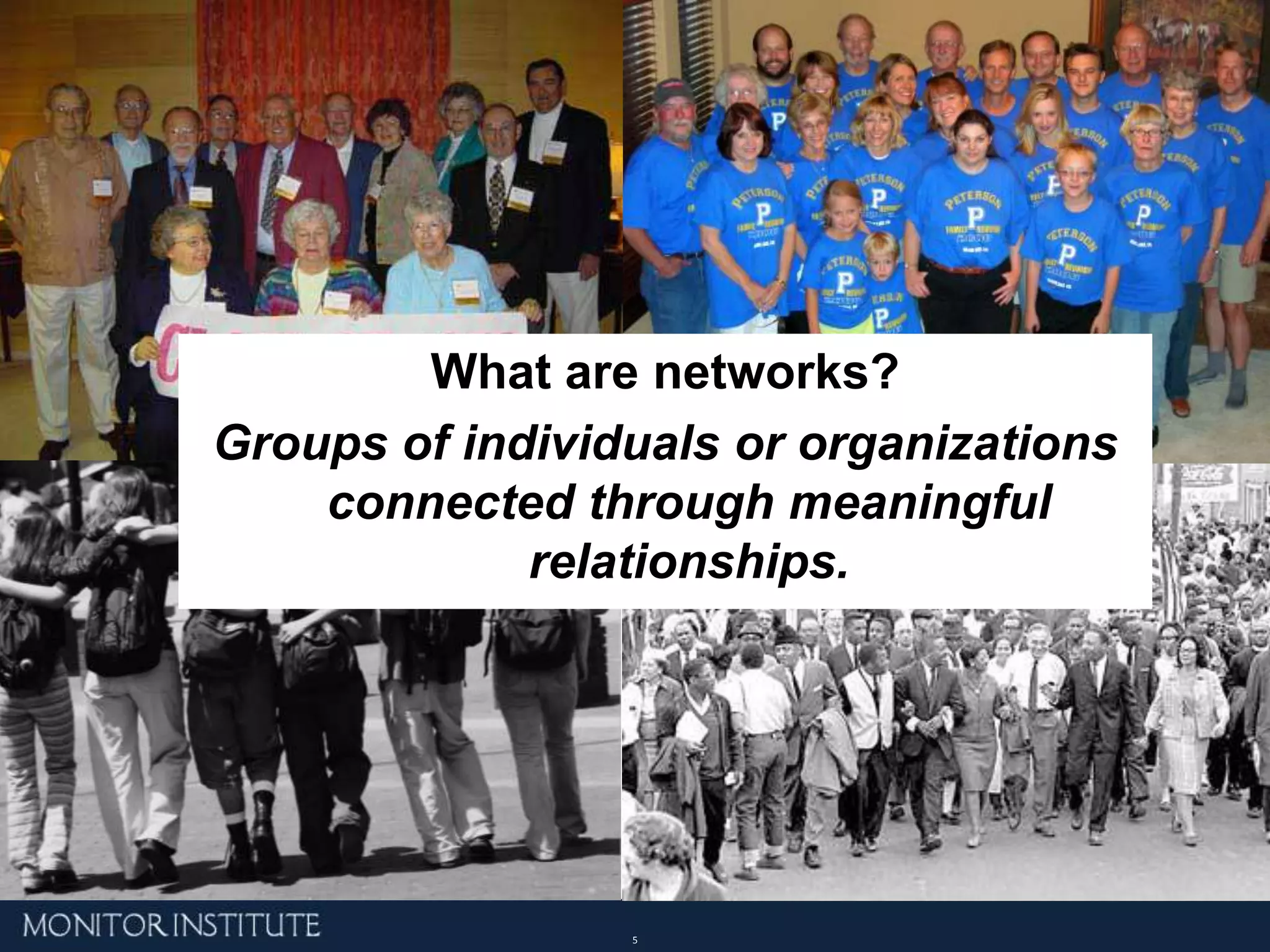 What are networks?Groups of individuals or organizations connected through meaningful relationships.