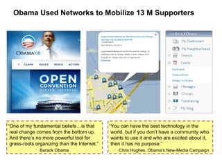 “ You can have the best technology in the world, but if you don’t have a community who wants to use it and who are excited about it, then it has no purpose.” Chris Hughes, Obama’s New-Media Campaign “ One of my fundamental beliefs…is that real change comes from the bottom up.  And there’s no more powerful tool for grass-roots organizing than the Internet.” Barack Obama Obama Used Networks to Mobilize 13 M Supporters 